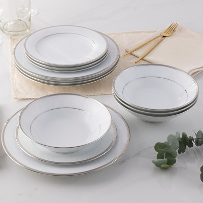 White Porcelain 12-Piece Dinnerware Set with Platinum Band