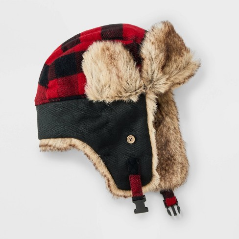 Men s Acrylic Buffalo Plaid Faux Fur Trapper Hat Goodfellow Co Black Red