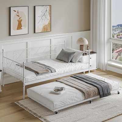 Daybed with Trundle, Trundle Bed Twin with Heart-Shaped Headboard, Sturdy Metal Day Bed with Steel Slat Support, Twin Daybed
