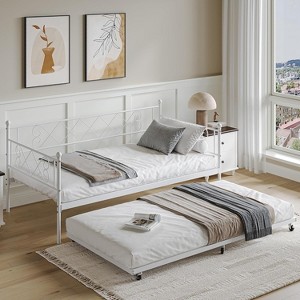 Daybed with Trundle, Trundle Bed Twin with Heart-Shaped Headboard, Sturdy Metal Day Bed with Steel Slat Support, Twin Daybed - 1 of 4