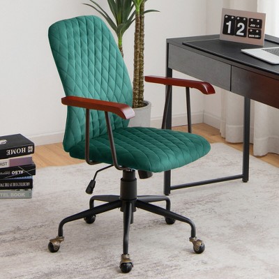 Green Velvet Adjustable Swivel Task Chair with Wooden Armrests