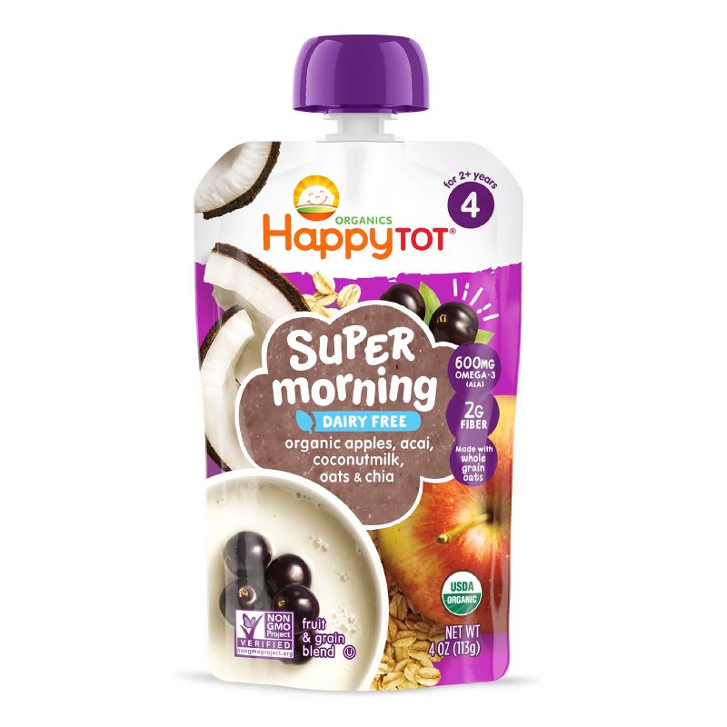 HappyTot Super Morning Organic Apples Acai Coconut Milk &#38; Oats with Super Chia Baby Food Pouch - 4oz, 1 of 5