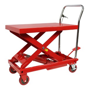 500 lbs hydraulic lift table cart with 30" lifting height; double scissor design with 4 wheels and non-slip pad for material handling and transport. - 1 of 4