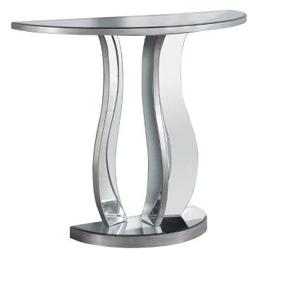 Contemporary Mirrored Demilune Console Table in Brushed Silver