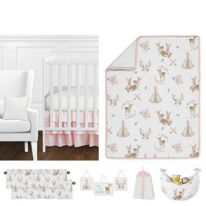 Sweet Jojo Designs Girl Baby Crib Bedding Set - Deer Floral Pink Taupe and Green 11pc - 1 of 4