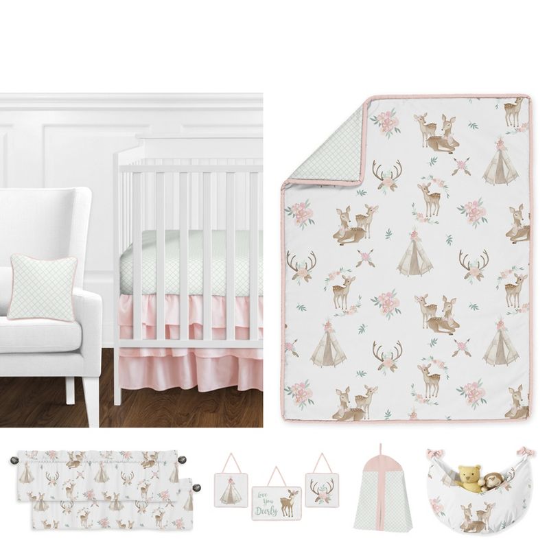 Sweet Jojo Designs Girl Baby Crib Bedding Set - Deer Floral Pink Taupe and Green 11pc, 1 of 8