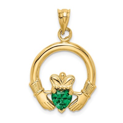 Black Bow Jewelry 14k Yellow Gold & Green CZ Claddagh Pendant, 20mm (3/4 inch)