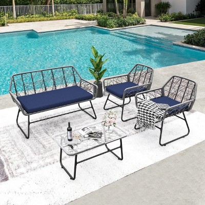 Outdoor 4 Pcs Furniture Set, Patio Wicker Sofas with Tempered Glass Table, Sofas with Detachable Easy Cleaning Cushions-Coolbibila
