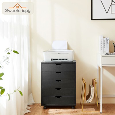 Black MDF 5-Drawer Mobile Storage Cabinet with Wheels