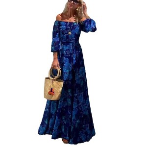 Coolmee Women's Summer Floral Print Flowy A Line Maxi Dresses Mid Lengrth  Sleeve Smocked Off Shoulder Dress XL Blue : Target