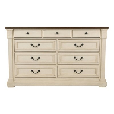 Antique White and Brown 64" Farmhouse Dresser with Mirror