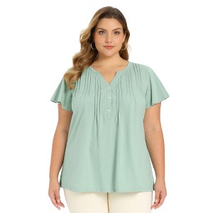 Women's Plus Size Button Pintuck Front Notch Neck Ruffle Sleeve Dressy Casual Blouses - GRACE & GRANDEUR - 1 of 4