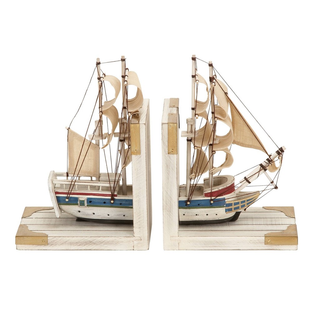 9" x 6" Wooden Sailboat Bookends White/Gold - Olivia & May: Nautical Shelf Decor, Non-Skid Base