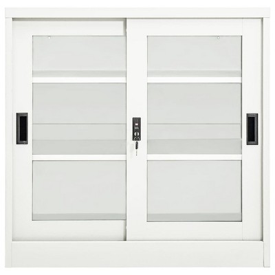 vidaXL White Steel Filing Cabinet with Sliding Doors & Adjustable Shelves - Secure Office Storage Cabinet with Lock System, 35.4"x15.7"x35.4"