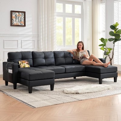 116 Inch Wide Faux Leather Sectional Couch with USB and Cup Holders , Comfy Tufted U Shaped Sofa and Chaise Lounge, Office Leather Sofa