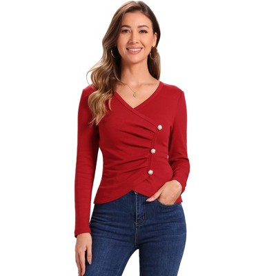 INSPIRE CHIC Women's Wrap V Neck Long Sleeves Knitted Pearl Buttons Decor Ruched Top