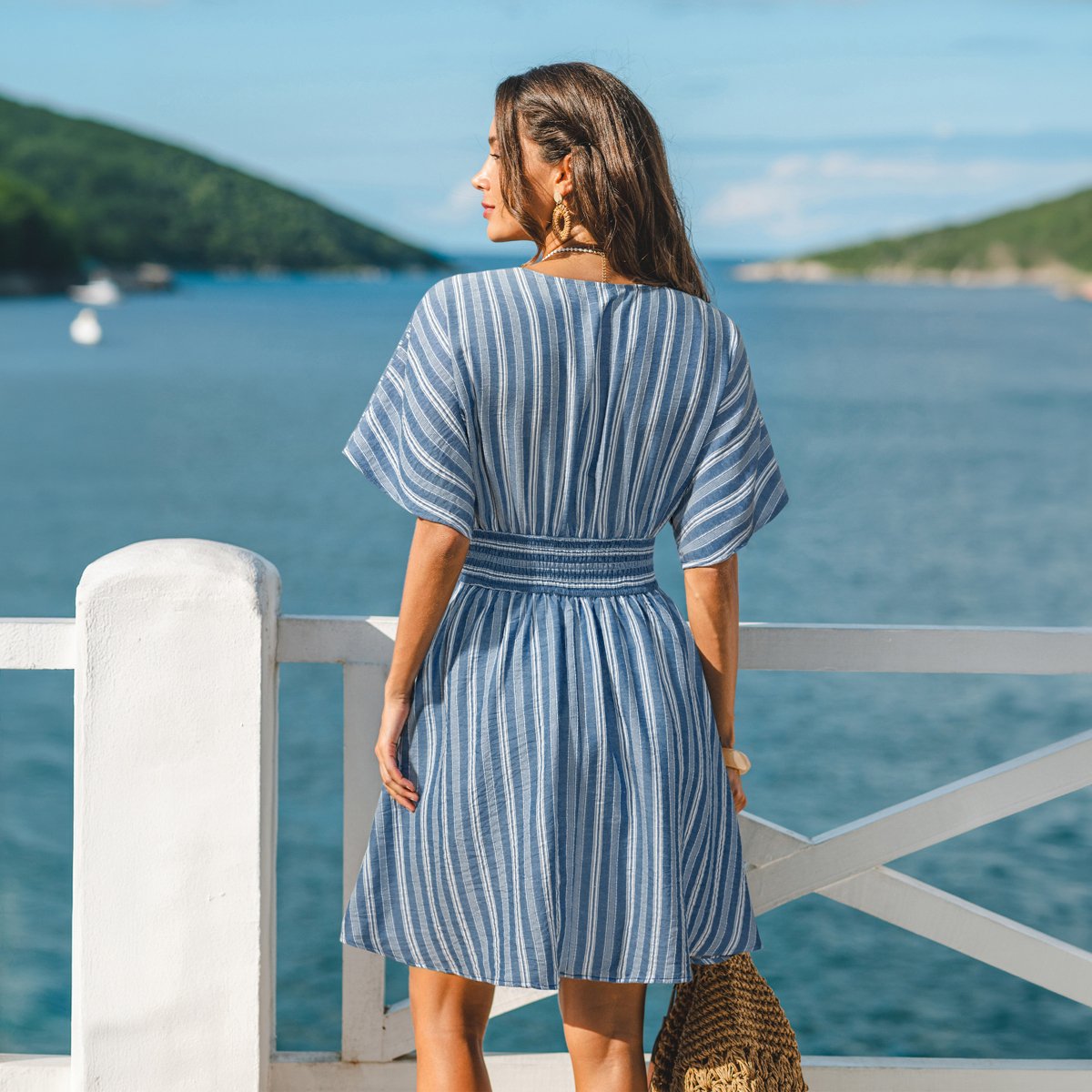 Женские платья Cupshe Women's Striped A-Line Waist-Defined Wrap Dress-L-Light Blue — фото 3