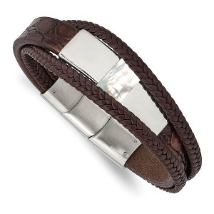 Black Bow Jewelry Stainless Steel Brown Leather Shell Pearl Adj I.D. Bracelet, 7.5-8 In - 1 of 4