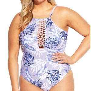 Women's Curve Ola Lace High Neck One Piece Swimsuit - Plus - Raisins - 1 of 3