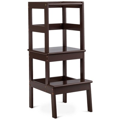 Costway Kids Kitchen Step Stool Wooden Toddler Tower w/ Safety Rail Gray\Espresso