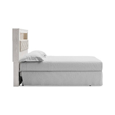 Beige Upholstered Queen Bookcase Bed with Storage