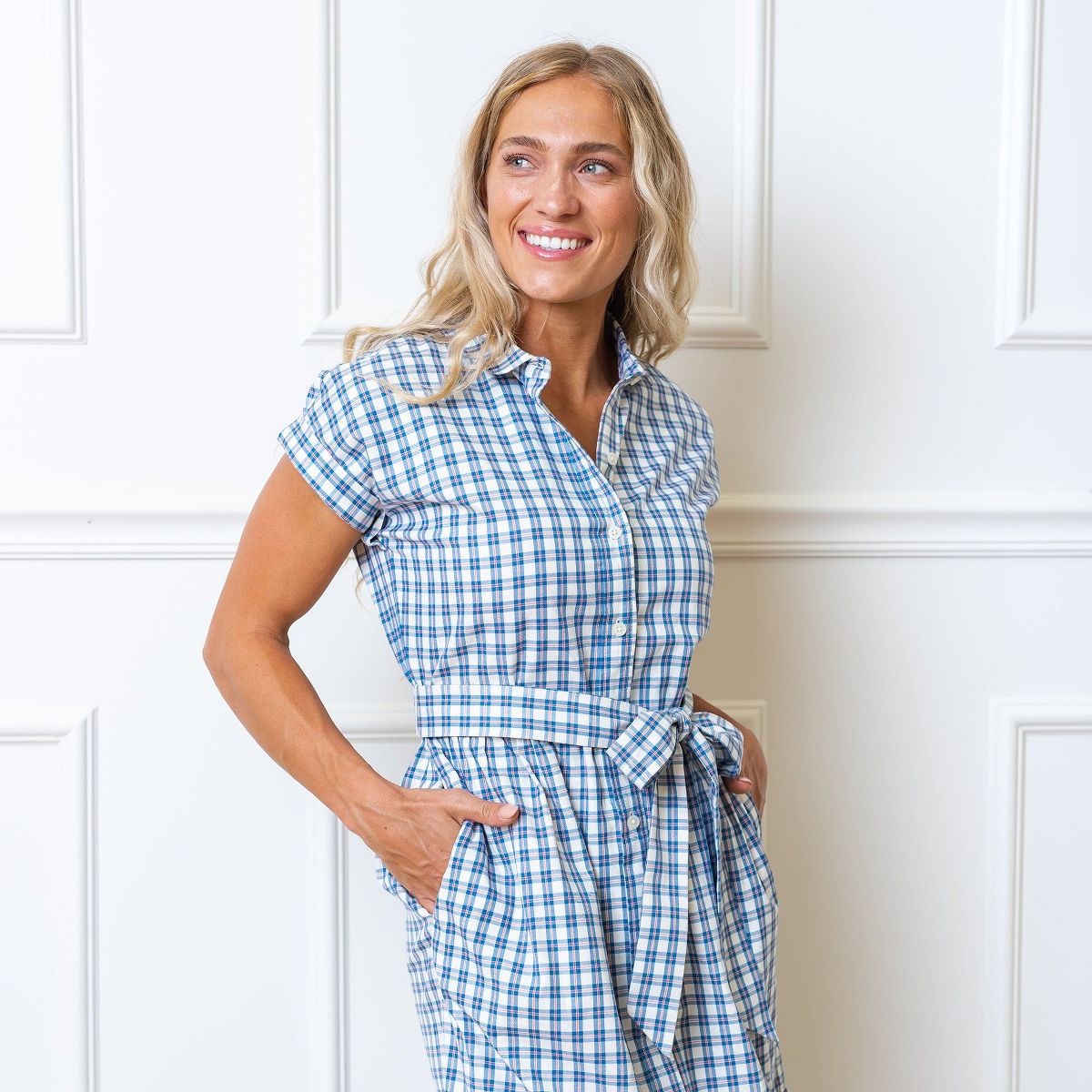 Hope & Henry Womens' Short Sleeve Button Front Tiered Maxi Dress with Waist Sash - thumbnail 2