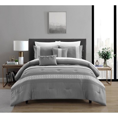 12pc Queen Delphi Embroidered Stripe Comforter & Sheets Bedding Set -  White/Gray