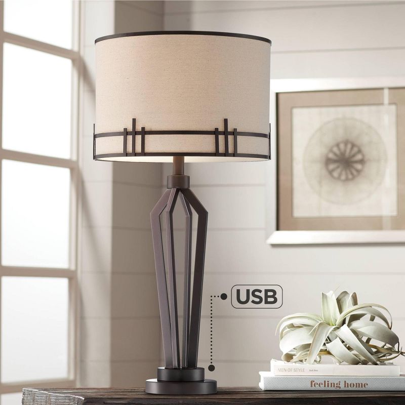 Franklin Iron Works Picket Industrial Table Lamp 28" Tall Oil Rubbed Bronze with USB Charging Port Oatmeal Fabric Drum Shade for Bedroom Living Room, 2 of 10