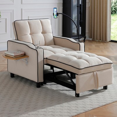 3-in-1 Adjustable Chaise Lounge with Side Table, Phone Holder&Cup box, Convertible Sofa Bed Sleeper Chair Accent Chair, Beige/Black/Blue-ModernLuxe