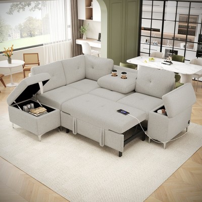 88.2"W L-Shaped Sectional Sofa Couch Upholstered Sofa Bed with Ample Storage Space, Two Cup Holders and Two USB Ports for Living Room - ModernLuxe
