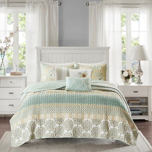 6Pcs coverlet Set Shabby Chic Cottage Quilt with Embroidered Pillows, Reversible Cotton Sateen, All Season Floral Geometric Print - 1 of 4