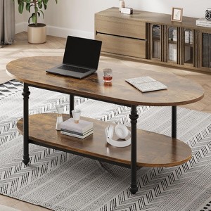 Farmhouse Oval Coffee Table, 2 Tier Center Table with Open Storage, Modern Industrial Tea Table, Wooden Cocktail Table with Metal Frame - 1 of 4
