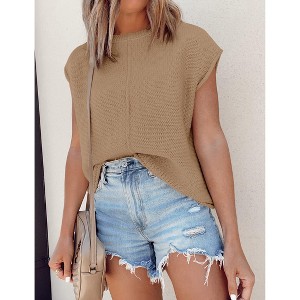 Womens Summer Cap Sleeve Tops Trendy Casual Crew Neck Knit Lightweight Sweater Pullover Top - 1 of 4