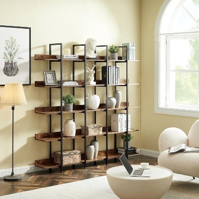 Acekool 5-Tier Industrial Bookshelf, Open Bookcase with Metal Frame, Vintage Storage Shelves for Living Room, Home Office, Black