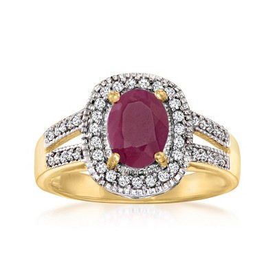 Ross-Simons 1.60 Carat Ruby and .30 ct. t.w. Diamond Halo Ring in 18kt Gold Over Sterling