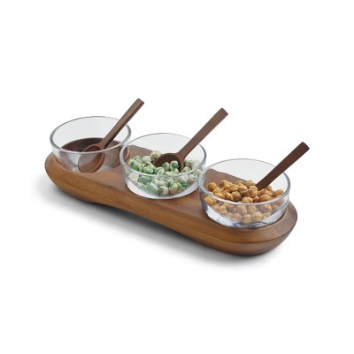 Nambe Cooper Triple Condiment Server w/ Spoons, Acacia Wood Cradle Tray and Glass Bowls with Acacia Spoons