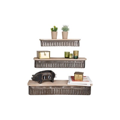 Rustic Brown Iron and Wood Wall Shelves Set of 3