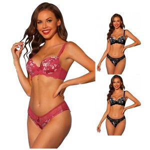 INSPIRE CHIC Women's Push Up Adjustable Straps Padded Floral Lace Underwired Bras and Panties 3 Packs - 1 of 4