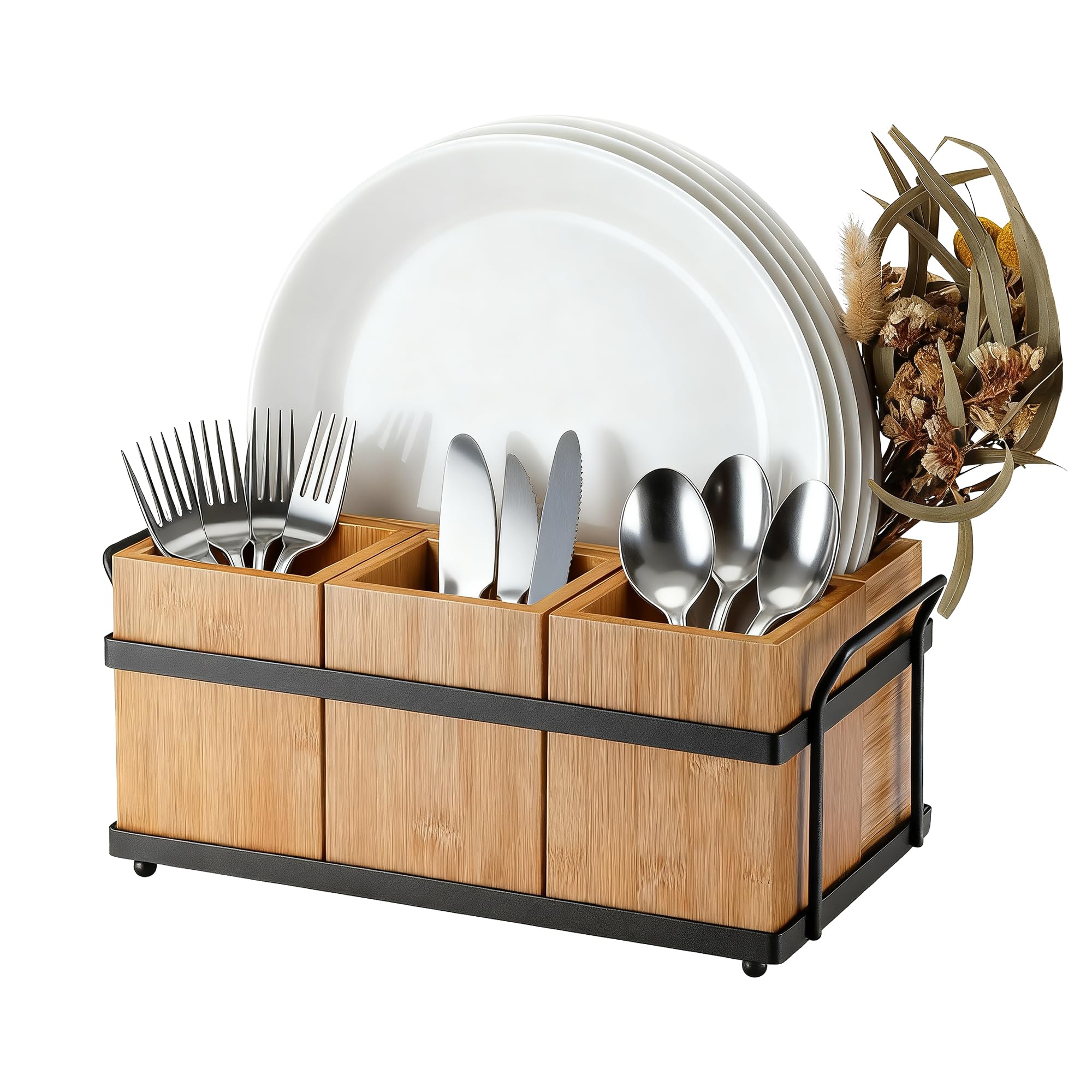 Bamboo Utensil Holder for Party, Wooden Flatware Silverware Caddy with 4 Detachable Compartments & Metal Tray, Kitchen Cooking Utensil Organizer