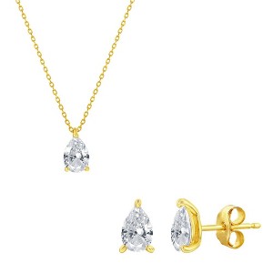 Bella Silver Sterling Silver, Gold Plated Solitaire Pear-Shaped CZ, 5x6mm 18" Necklace & 4x5mm Earrings Set - Gold Plated - 1 of 4