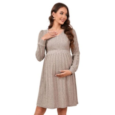 Coolmee Maternity Sweater Dress Ribbed Knit V Neck Long Sleeve Fall Midi Dress Baby Shower Photoshoot