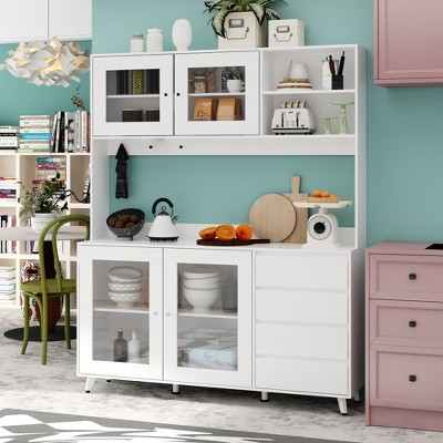FUFU&GAGA 63"W Wooden Buffet Sideboard with Drawer Hooks and Open Shelf Worktop
