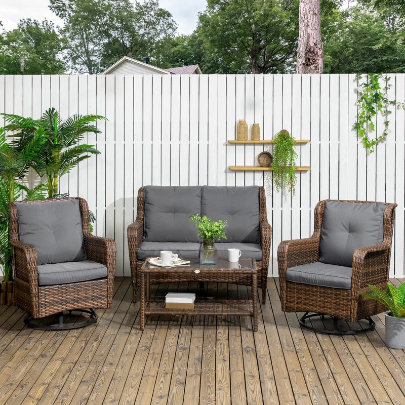 Outsunny Patio Furniture Set, 4 Pieces of PE Rattan Outdoor Furniture with 2 Swivel Rocking Chairs, 2-Tier Glass Table & Loveseat Sofa, 3 of 7