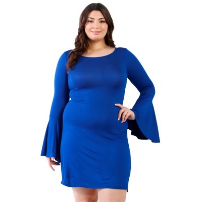 Slickblue Plus Size Bell Sleeve Long Sleeve Mini Dress, Slim Fit, Trendy Round Neck Design, Color & Size Options