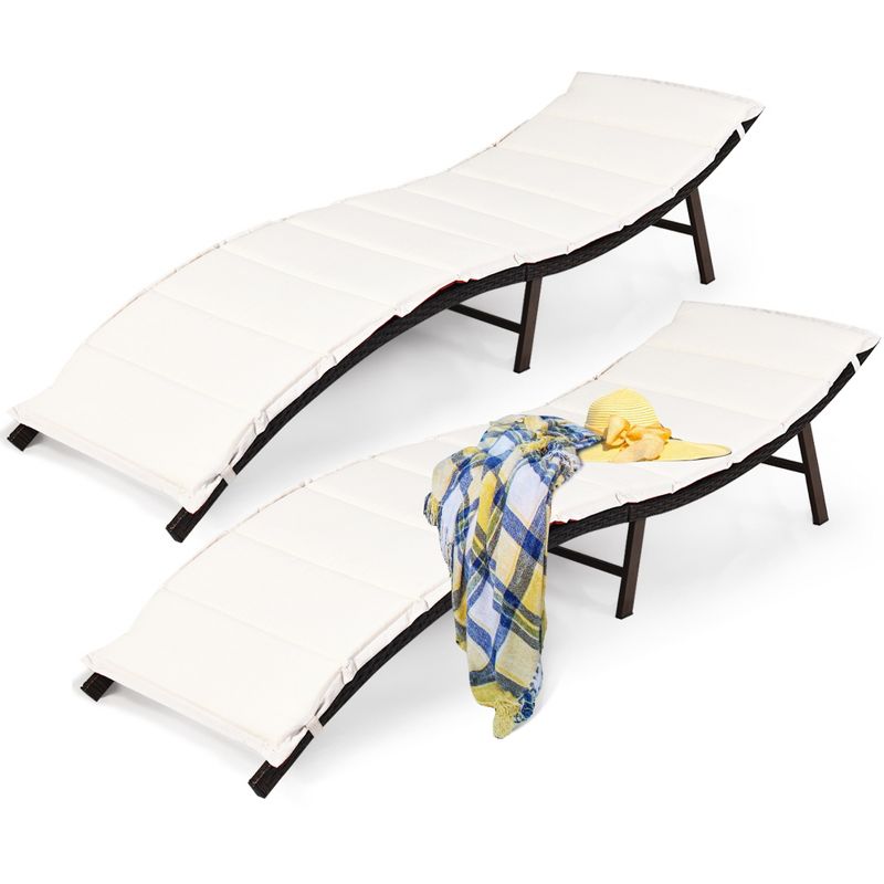 Costway 2PCS Patio Rattan Folding Lounge Chair Stackable Double Sided Cushion, 2 of 11