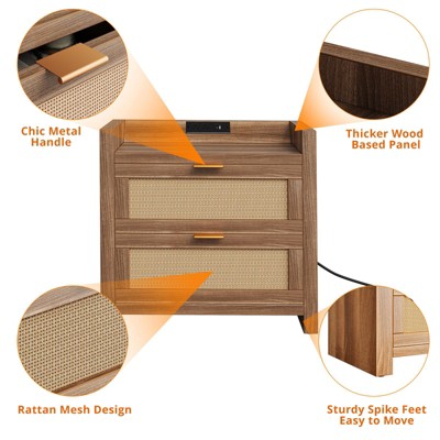 coucheta Rattan Night Stand with Charger Station, 23.6" Wide Boho Bedside Table with 2 Drawers