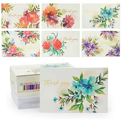 Pipilo Press 48 Pack Floral Thank You Cards with Envelopes and Stickers, 6 Designs (4 x 6 In)