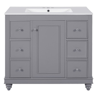 Vynxaria 36-Inch Modern Bathroom Vanity - Ceramic Sink, 4 Drawers, 1 Soft-Close Door, Gray