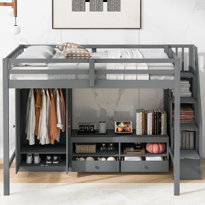 Okak Full Size Wooden Bunk Bed with Built-in Wardrobe, Storage Staircase, Loft Bunk Bed with Low Storage Table for Teens, Easy Assemble, Gray - 1 of 4
