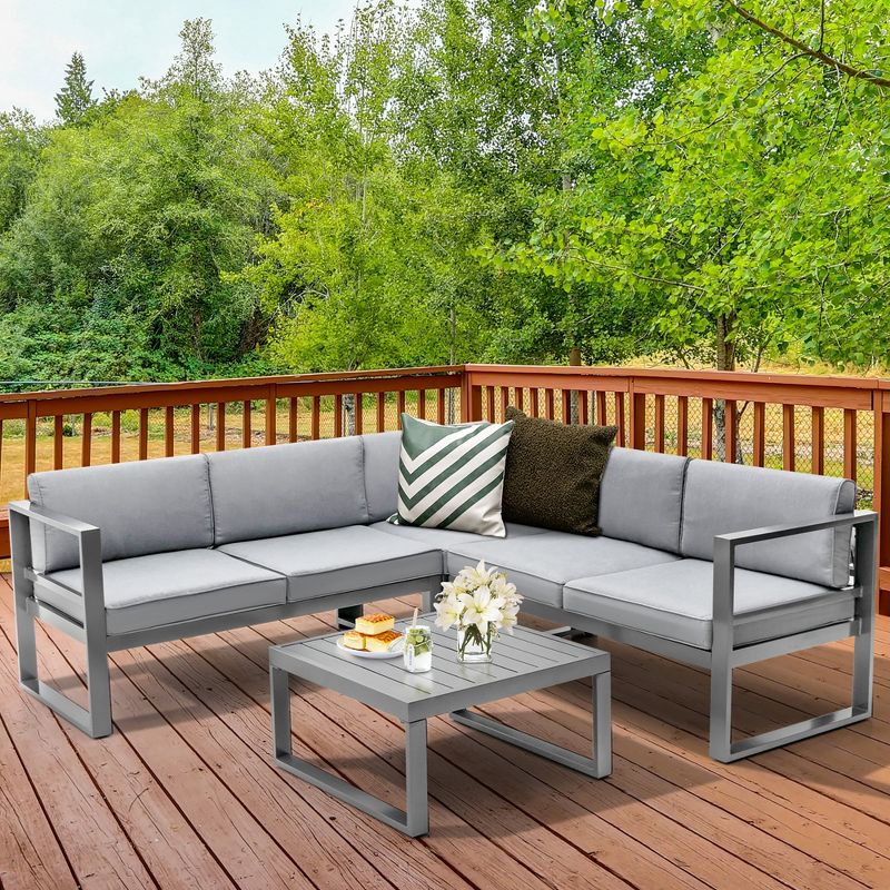 Tangkula 4PCS Aluminum Outdoor Conversation Set Patio Furniture Set w/ Coffee Table & Cushions Gray, 2 of 11